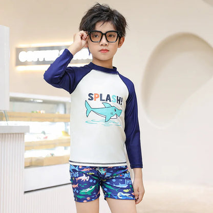 Children's Quick-Drying Swimsuit with Swim Cap, Boy's Long Sleeve Sunscreen Split Swimwear, Sun Protection Beach Clothes