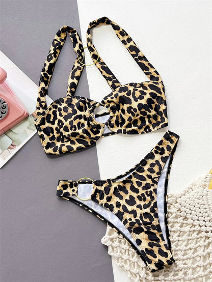 Leopard Print Bikini Set with Ring Thong Swimsuit Halter Women Swimwear Hollow Out Two-pieces Bathing Suit