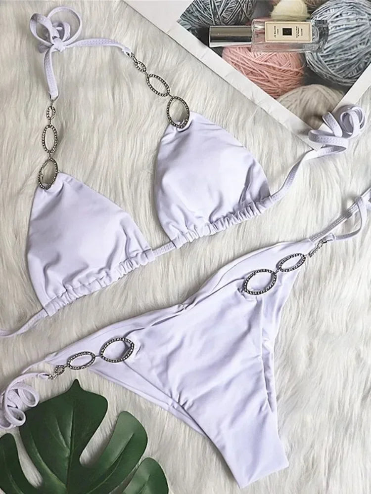Halter Diamond Bikini Women Swimsuit Female Metal Chains Swimwear Two Pieces Bikini set Brazilian Bather Bathing Suit Swim