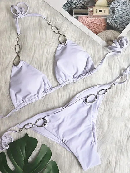 Halter Diamond Bikini Women Swimsuit Female Metal Chains Swimwear Two Pieces Bikini set Brazilian Bather Bathing Suit Swim