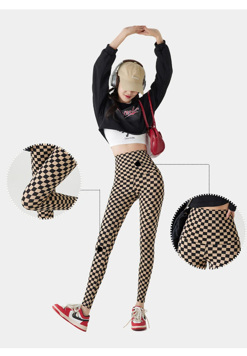 Checkerboard Plaid Shark Leggings Women High Waist Tight Slim Push Up Leggings Seamless Sports Fitness Leggings