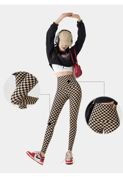 Checkerboard Plaid Shark Leggings Women High Waist Tight Slim Push Up Leggings Seamless Sports Fitness Leggings