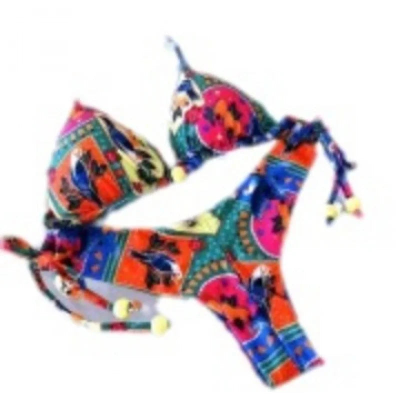 Bikini Digital Printed Lace-up Halterneck Triangle Split Swimsuit Female String Bikini
