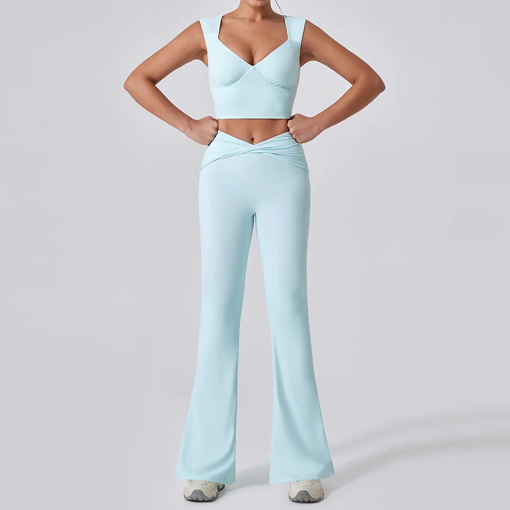 2PCS Women Yoga Set Workout Pant Outfits Fitness Sportswear Gym High Waist Flare Leggings Sports Bra Athletic Tracksuit