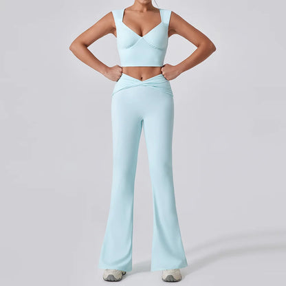 2PCS Women Yoga Set Workout Pant Outfits Fitness Sportswear Gym High Waist Flare Leggings Sports Bra Athletic Tracksuit