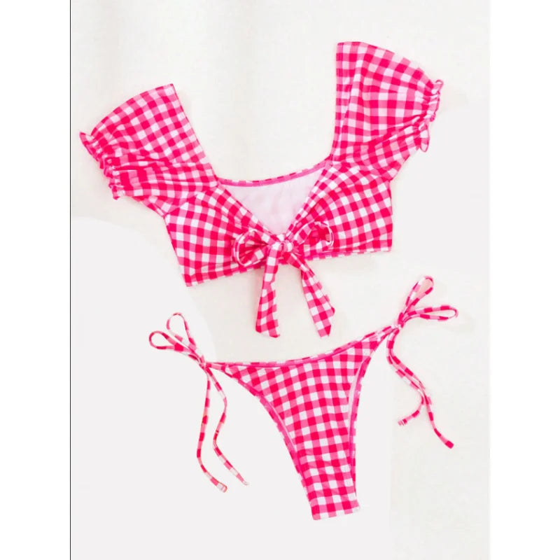 Checkered Two-Piece Swimsuit Bikini Girl Plaid Tie Swimwear Beach Vacation Swimsuit for Women