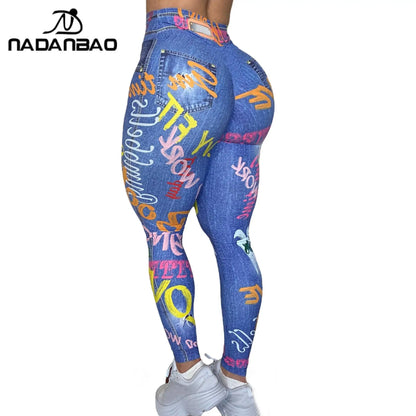 Women Semales Slim Legging Imitation Denim Printed High Waist Yoga Pants