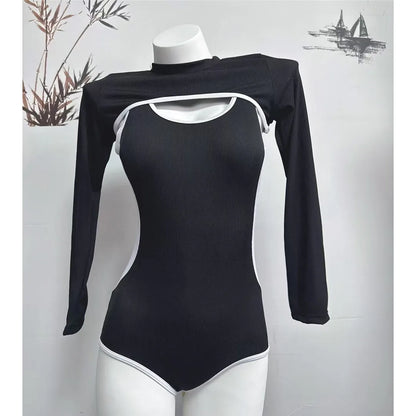 Long Sleeve Cover Up Splicing One Piece Swimsuit Women Swimwear Female Ribbed Backless Bather Bathing Suit Swim