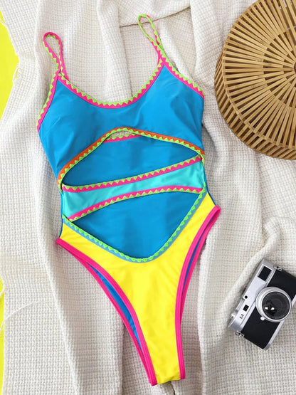 Patchwork Swimwear Women Strapped One Piece Swimsuit Brazilian Lady Monokini Hollow Beach Bathing Suit