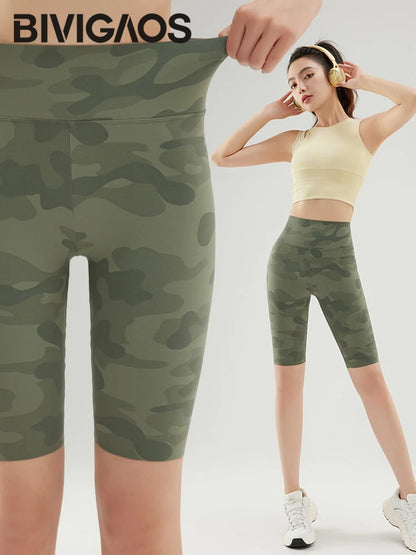 BIVIGAOS Summer Camouflage Green Sharkskin Biker Shorts Knee Length Short Leggings Women Casual Sports Cycling Shorts