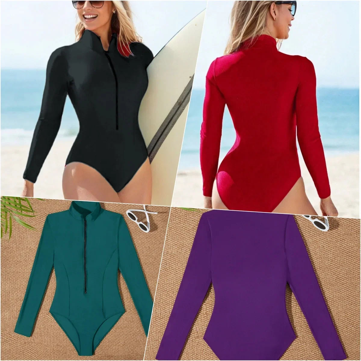 Sun Protection One-Piece Swimwear Long Sleeve Bikini Conservative Beach Swimming Triangular Design Zipper Closure Swimsuit