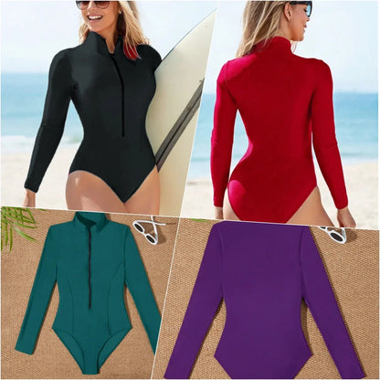 Sun Protection One-Piece Swimwear Long Sleeve Bikini Conservative Beach Swimming Triangular Design Zipper Closure Swimsuit