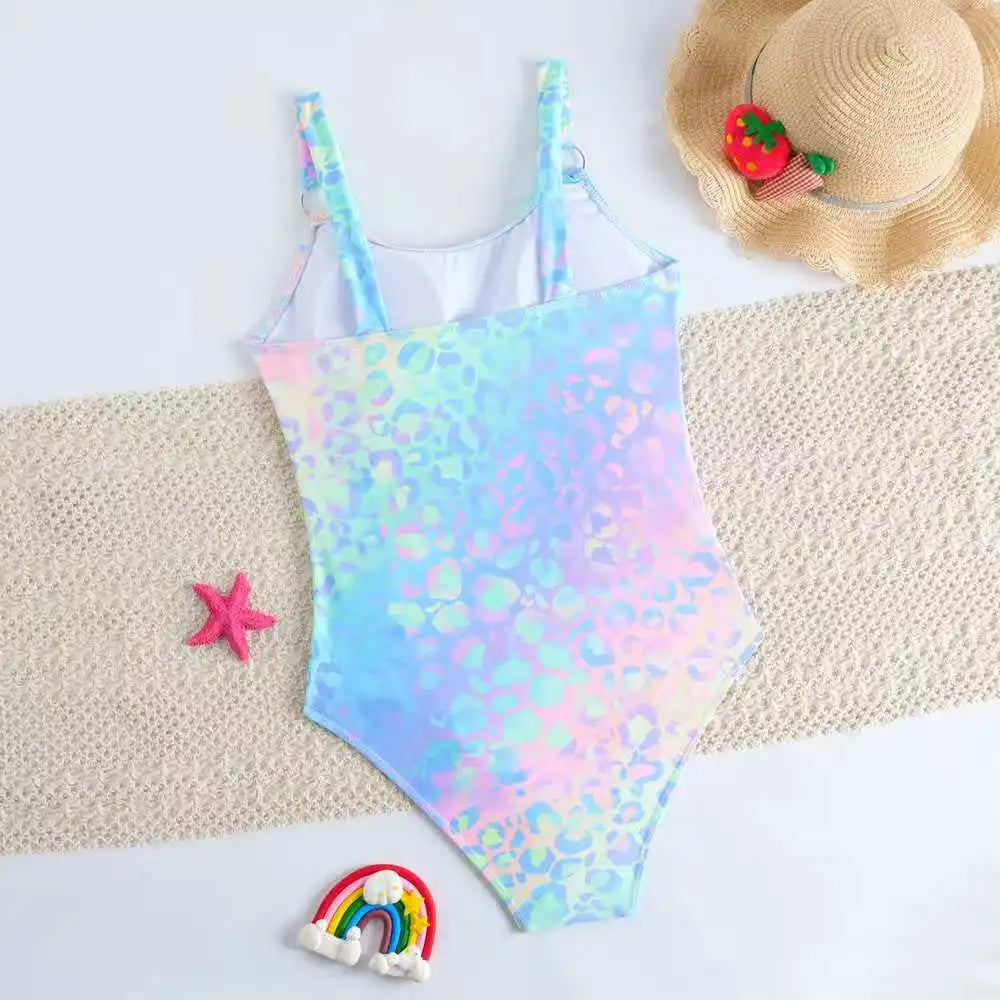 Girl Tie Dye Print One Piece Swimsuit for Kids Children's Swimwear 8-16 Years Beach Wear Cut Out Bathing Suit Teenagers Holiday