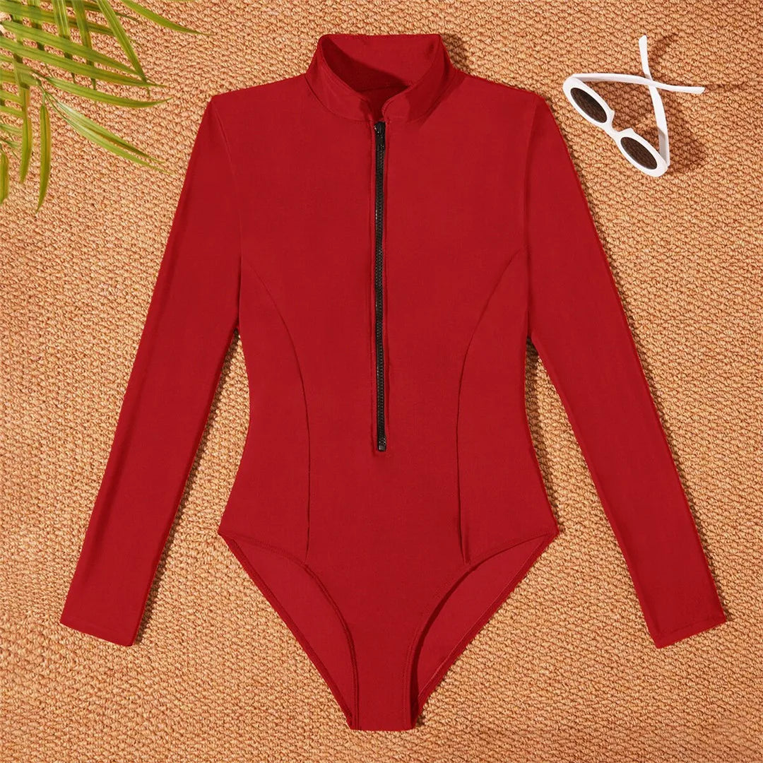 S - 2XL 4 Colors Long Sleeve With Zipper Surf Rash Guard One Piece Swimsuit Women Swimwear Female Bather Bathing Suit Swim