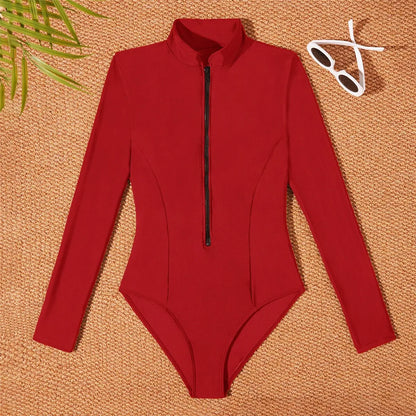 S - 2XL 4 Colors Long Sleeve With Zipper Surf Rash Guard One Piece Swimsuit Women Swimwear Female Bather Bathing Suit Swim