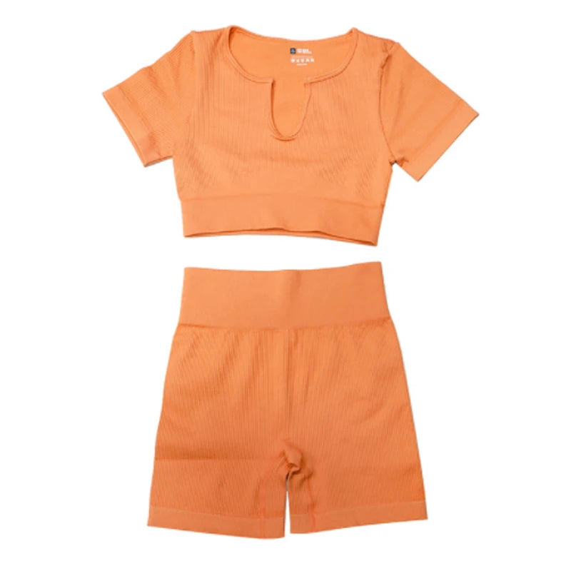 Ribbed Yoga Clothing Sets Women High Waist Shorts Short Sleeve Two Piece Set Seamless Tracksuit Fitness Workout Outfits Gym Wear