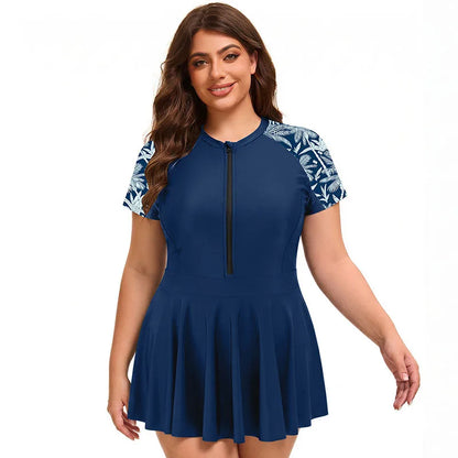 Women Plus Size One Piece Swimsuit Short Sleeve Modest Swimwear Front Zip Skirted Surf Suit UV Protection Rash Guard Swim Dress