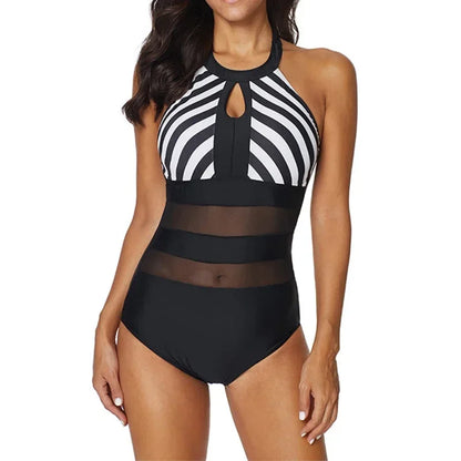 Backless One-Piece Swimsuit Women Vintage Mesh splicing Swimming Bodysuit Sports Swimwear Summer Beach Bathing Suits
