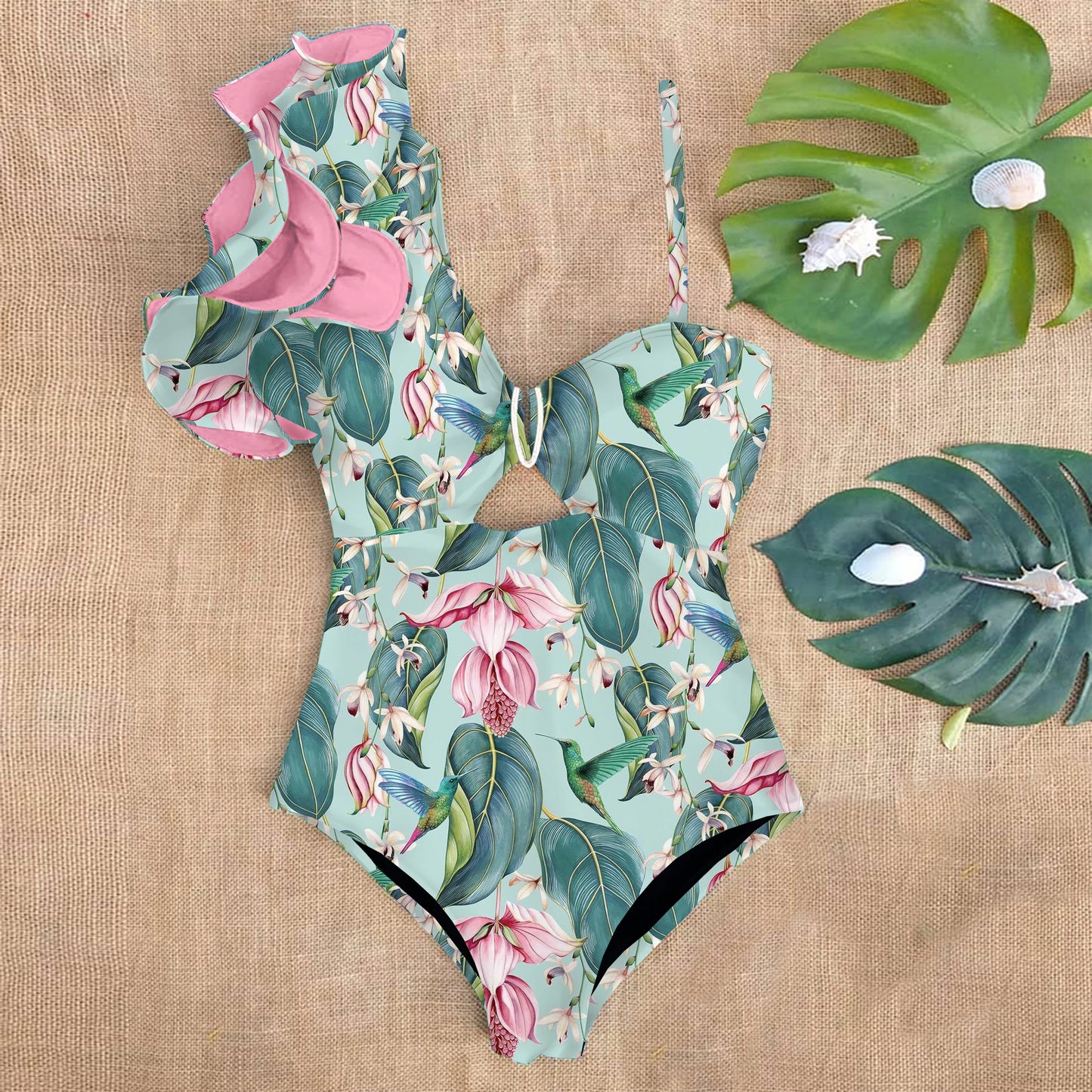 Ruffle Print Floral One Piece Strappy One shoulder Swimwear Women Swimsuit Bathing Suit Backless Beachwear Monkini
