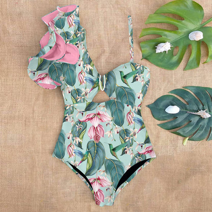 Ruffle Print Floral One Piece Strappy One shoulder Swimwear Women Swimsuit Bathing Suit Backless Beachwear Monkini