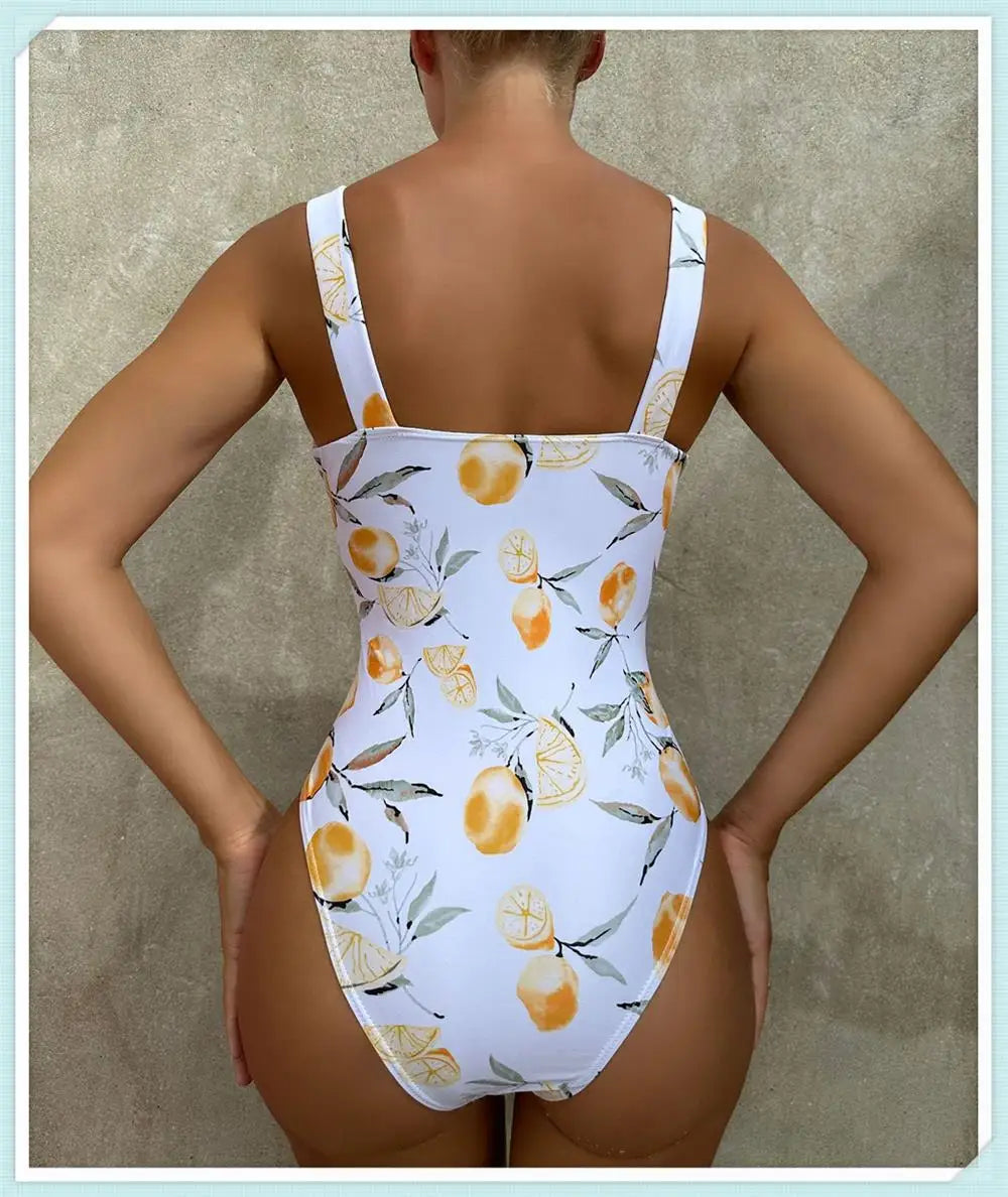Pleated Front Swimsuit One Piece Printed Swimwear Women Bodysuit Lady Bathers Bathing Swimming Swim Beachwear Summer