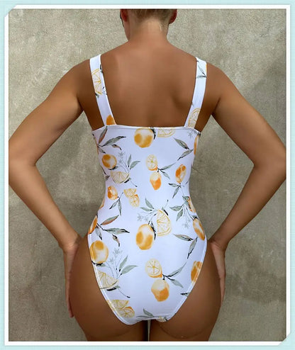 Pleated Front Swimsuit One Piece Printed Swimwear Women Bodysuit Lady Bathers Bathing Swimming Swim Beachwear Summer