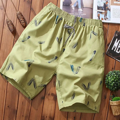 Cotton Shorts Men Breathable Thin Feather Print Pocket Elastic Waist Korean Loose Casual Sports Beach Short Pants 5XL