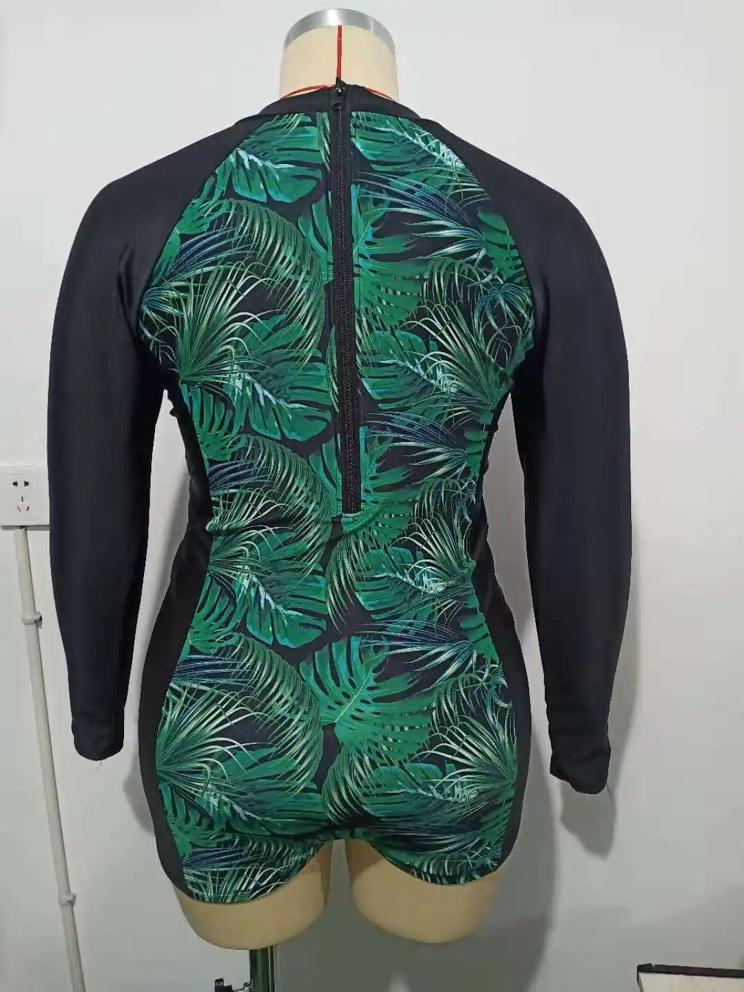 Green Leaf Print Patchwork Plus Size Swimwear Women Push Up Long Sleeve Large One Piece Swimsuit Beach Bathing Suit