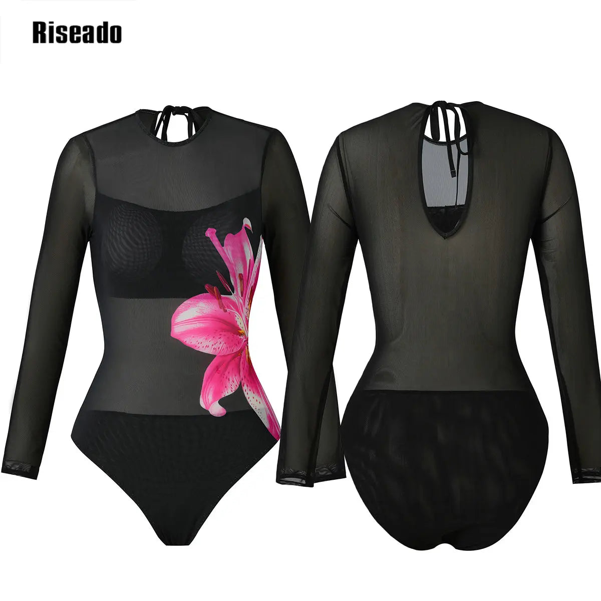Womens Long Sleeve Mesh Rash Guard UV UPF 50+ Sun Protection Printed  High Waist Surfing One Piece Swimsuit Bathing Suit