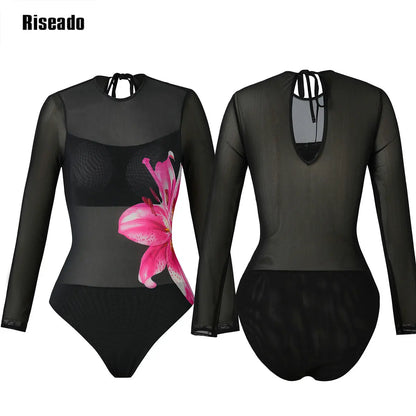 Womens Long Sleeve Mesh Rash Guard UV UPF 50+ Sun Protection Printed  High Waist Surfing One Piece Swimsuit Bathing Suit