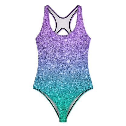 Texture Ombre Swimsuit Purple And Green Glitter Print One Piece Swimwear Push Up Fashion Bathing Suit Holiday Design Swimsuits