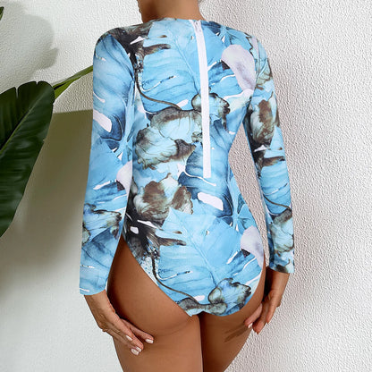 Floral One Piece Swimsuit Long Sleeve Zipper Swimwear Women Bathing Suit Beachwear Monokini Female Swim Surfing Suits