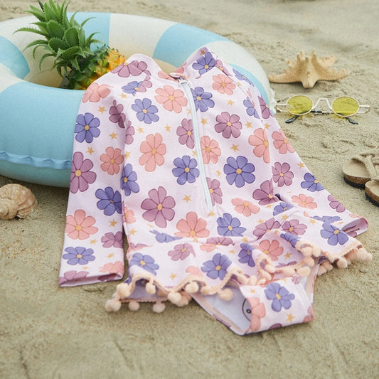 Floral Print Children Girls Beachwear Swimwear Kids Toddler Long Sleeve Rash Guard Swimsuit Cute Ruffle Zip Up Bathing Suit