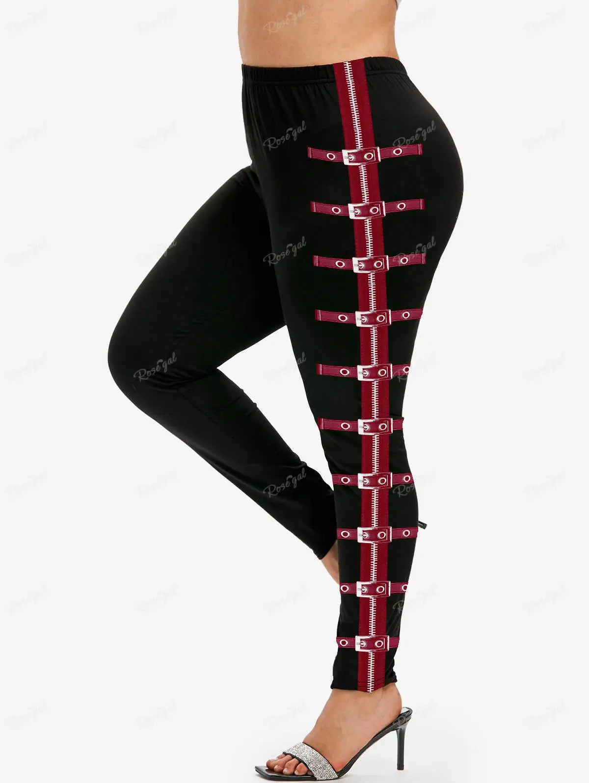 ROSEGAL 5XL Women's Plus Size Leggings Gothic 3D Zipper Buckles Printed Pencil Pants Oversized High Waist Skinny Trousers Mujer