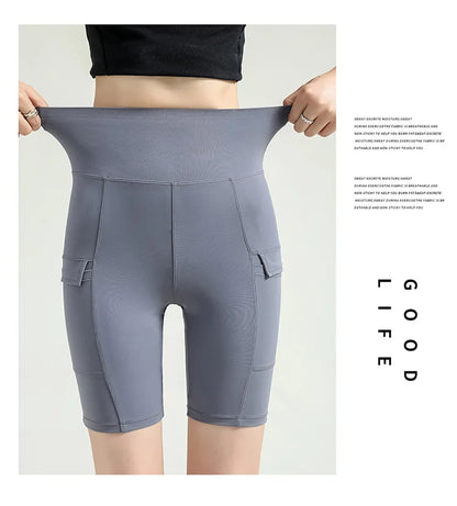 BIVIGAOS Summer New Cargo Pocket Shark Shorts Women's Sport Fitness Cycling Shorts High Waist Running Tight Biker Short Leggings