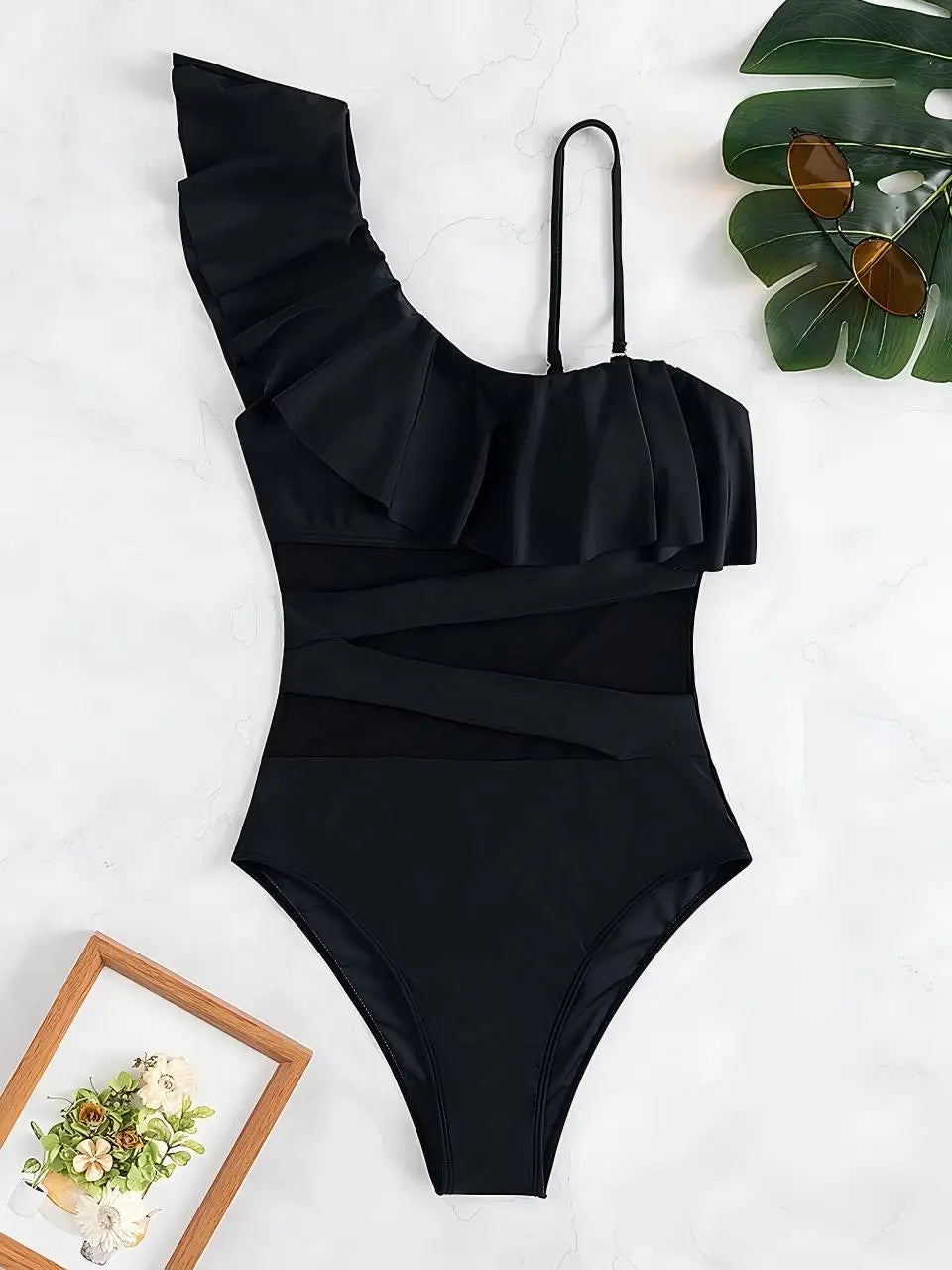 One Shoulder Strappy One Piece Swimsuit Women Ruffle Swimwear Female Mesh Monokini Bathers Bathing Swimming Suit Beachwear