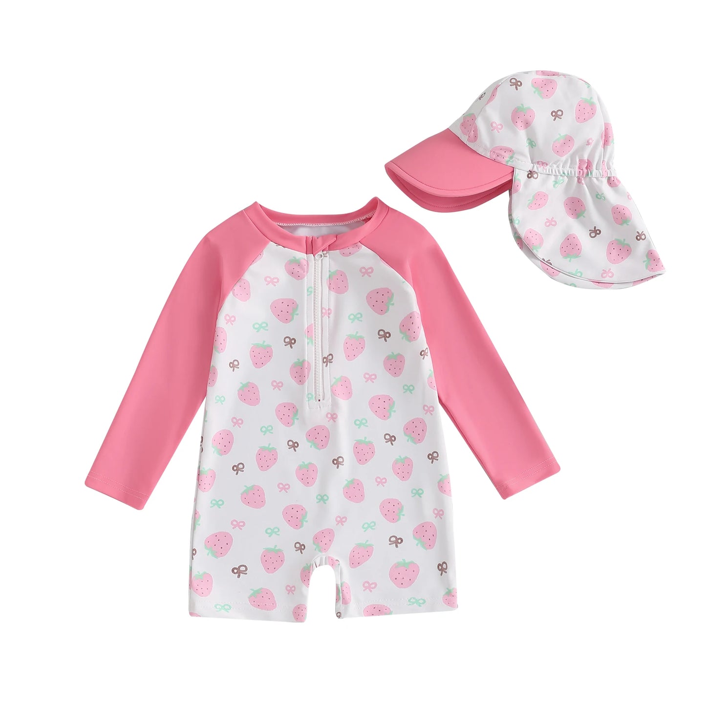 Toddler Girl Long Sleeve Swimsuit Floral/Bow/Strawberry Print Half Zipper Non-Pilling Rash Guard Swimwear Sunhat Set