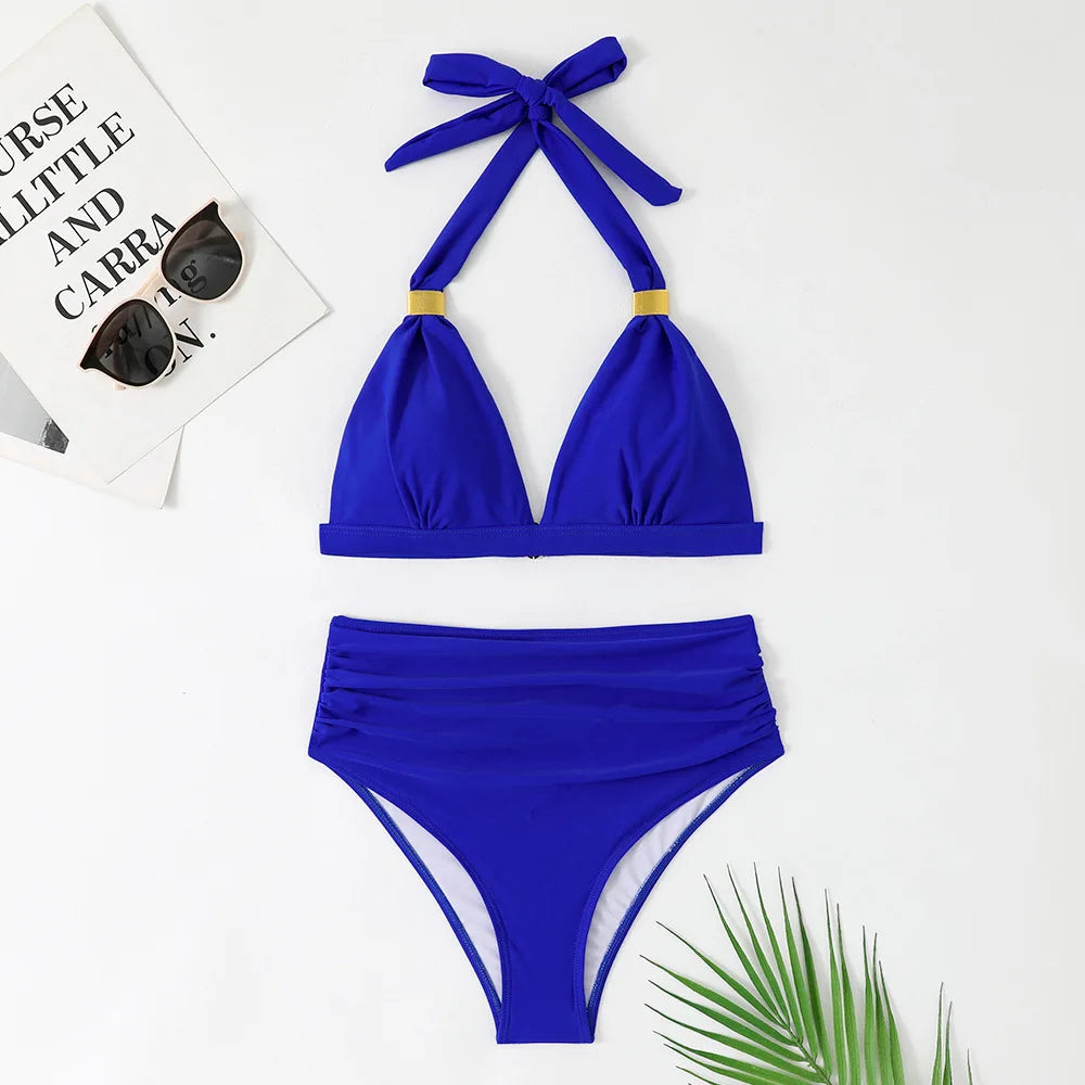 Solid Bathing Suit Women Two-piece High Waisted Chic Split Swimsuit Neck-mounted Low Cut Backless Beachwear Summer New