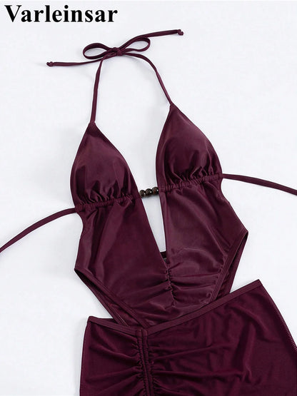 Skirt Halter Deep V Neck Women Swimwear One Piece Swimsuit Female High Leg Cut Backless Bather Bathing Suit Swim