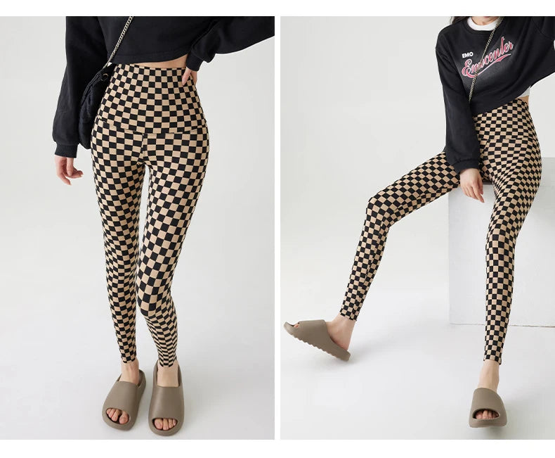 Checkerboard Plaid Shark Leggings Women High Waist Tight Slim Push Up Leggings Seamless Sports Fitness Leggings