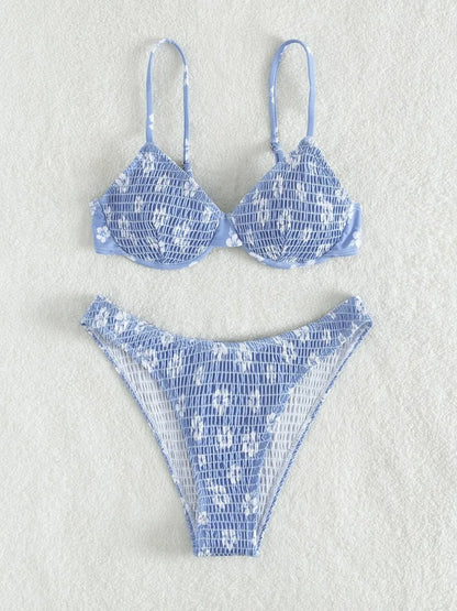 Strappy Bikinis Ribbed Solid Swimsuit Women Push Up Swimwear Female Bathers Bathing Swimming Suit Printed Beachwear Summer