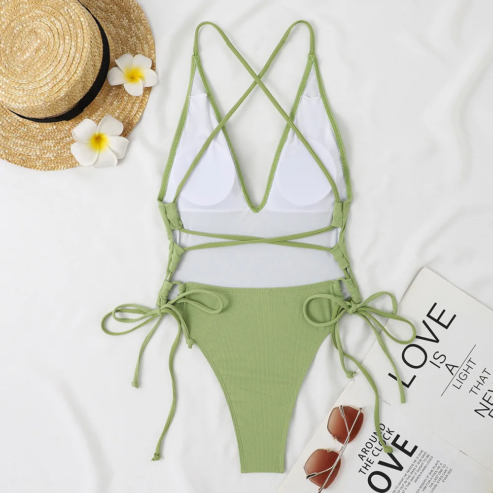 Solid Swimwear Women Strapped Push Up One Piece Swimsuit Beach Lady Monokini Cross Backless Bathing Suit