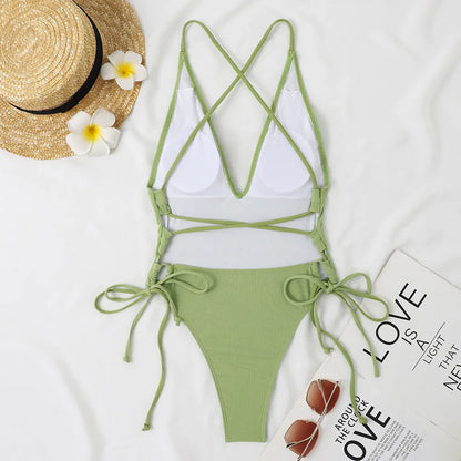 Solid Swimwear Women Strapped Push Up One Piece Swimsuit Beach Lady Monokini Cross Backless Bathing Suit