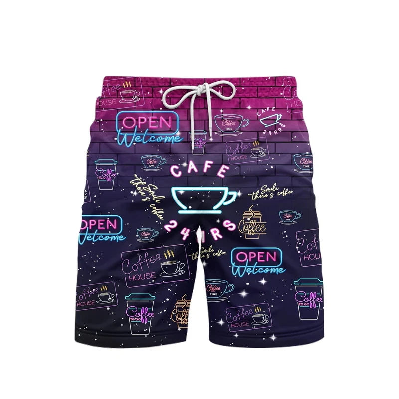 3D Print Neon Pattern Beach Short For Men Summer Hip Hop Personality Food Pattern Music Party Swimming Shorts Quick-drying Trunk