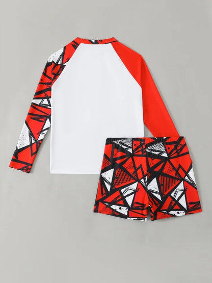 Boy Kids Swimsuit Red Print Long Sleeves Children Swimwear Summer Two Piece Shorts Beachwear Bathing Suit For Swimming