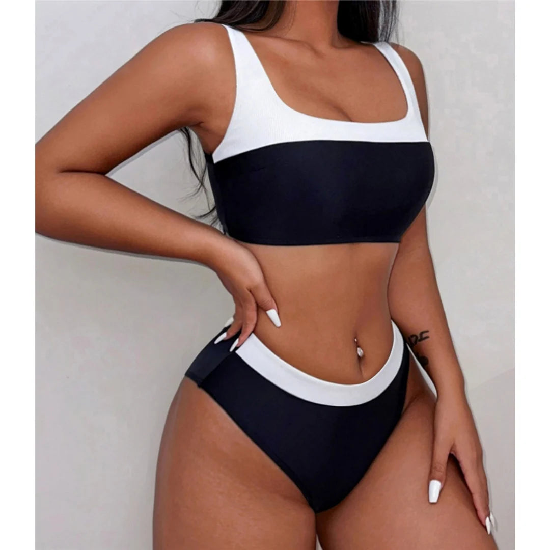 Splicing Mid Waist High Leg Cut Bikini Female Swimsuit Women Swimwear Two-pieces Bikini set Bather Bathing Suit Swim