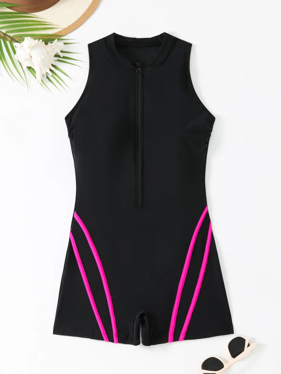 Women's Sleeveless Zip-Front Boy-Leg Swimsuit