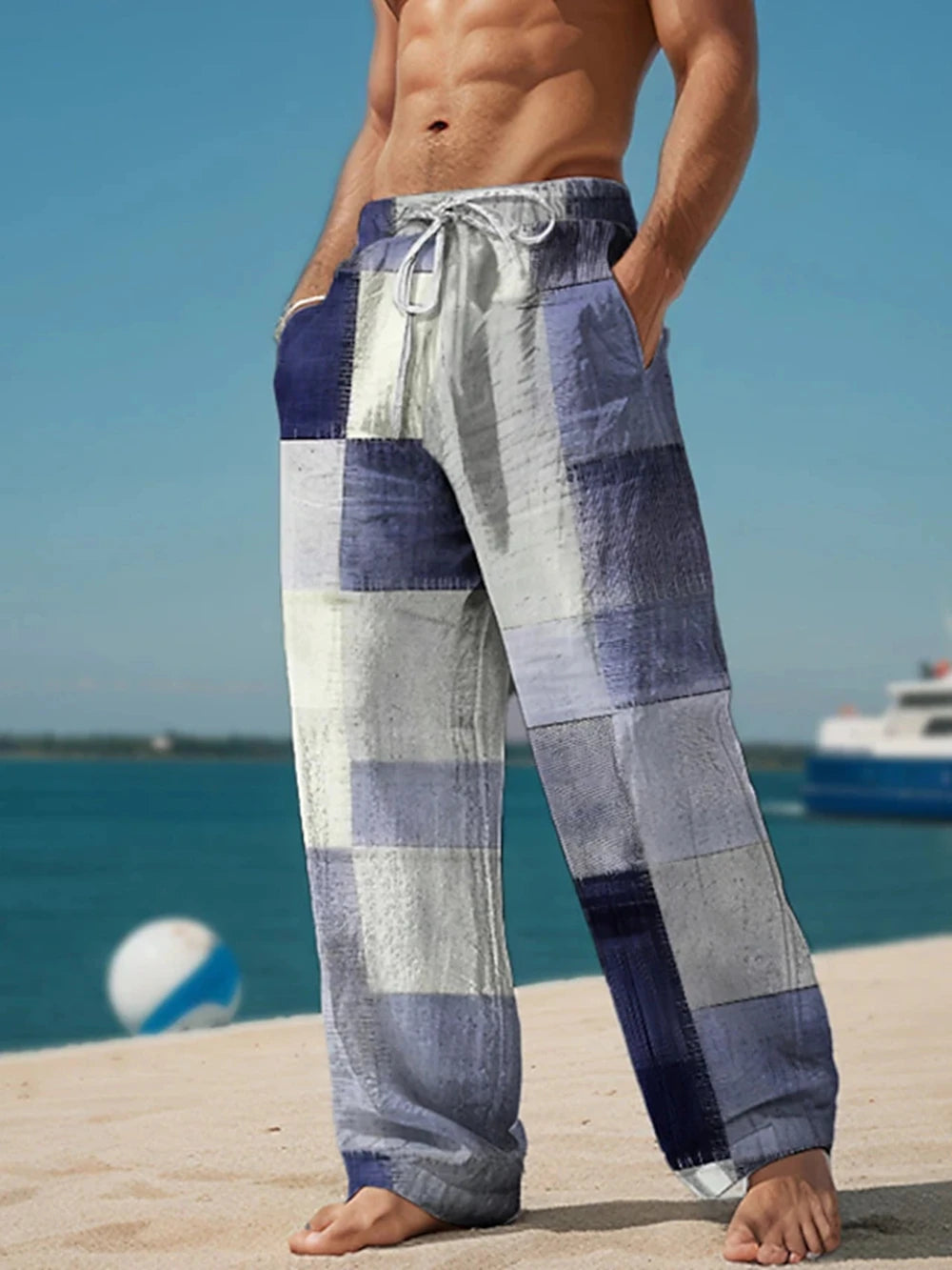 Plaid Color Block Men's Resort 3D Printed Casual Pants Trousers Elastic Waist Fit Straight-Leg Pant Summer Beach Pants 5XL