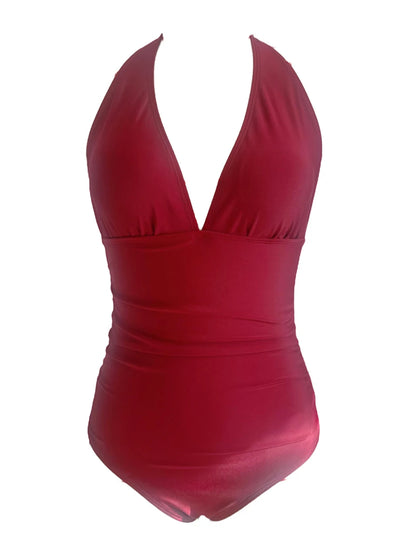 Solid Halter Backless One Piece Swimsuit Women Slim Smocked Swimwear Female Bathers Bathing Swimming Suit Padded Beachwear