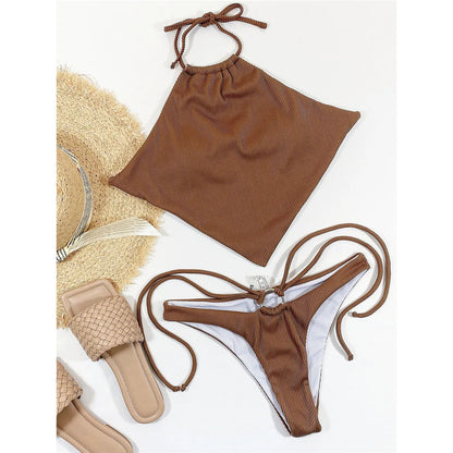 High Neck Halter Ribbed Bikini Female Swimsuit Women Swimwear Two-pieces Bikini set Strappy Bather Bathing Suit Swim